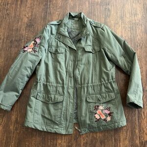 Embroidered Olive Utility Jacket with Floral Accents